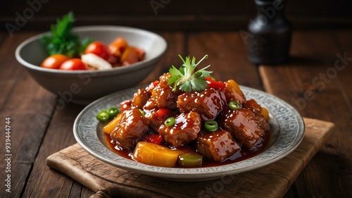 stock photography sizzling sweet and sour pork prepared aesthetically with a background of wooden table