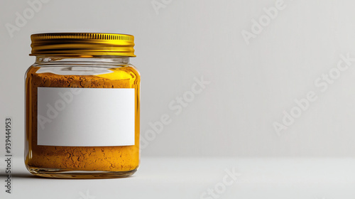 Turmeric powder in a glass jar isolated on a white background, copy space for text