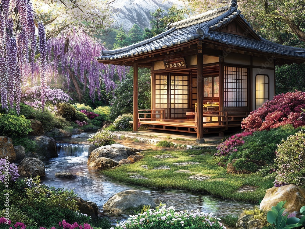 Fototapeta premium Serene garden scene featuring a traditional wooden pavilion surrounded by vibrant flowers and a peaceful stream.