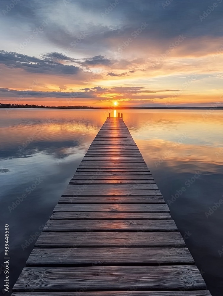 Obraz premium A wooden pier stretches out into a still lake, leading towards a vibrant sunset with the sun reflecting on the water's surface.