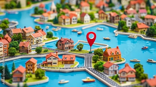 Map of city with miniature houses macro view red pin marking location, GPS travel destination concept