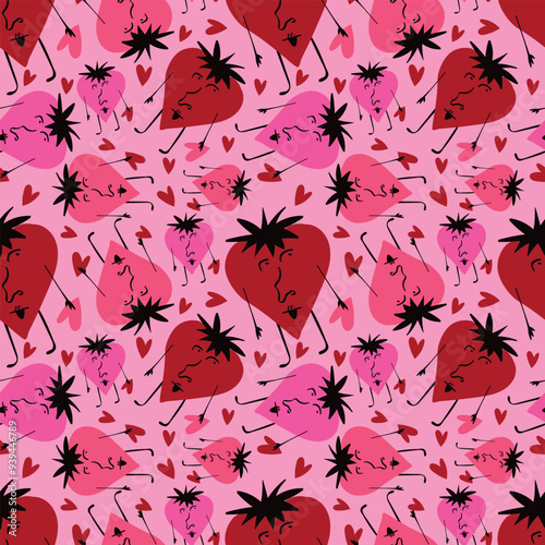 Bright Valentines Day seamless pattern with freaky hearts. Groovy cute love characters