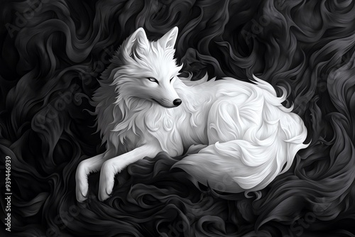 A minimalist, yet elegant, black-and-white ink drawing of the nine-tailed fox, focusing on the fluidity and grace of its form as it moves silently through the forest