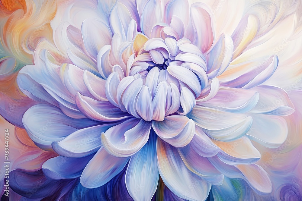A close-up of a delicate, white chrysanthemum with soft, pastel hues painted in an abstract style. A close-up of a delicate, white chrysanthemum with soft, pastel hues painted in an abstract style.