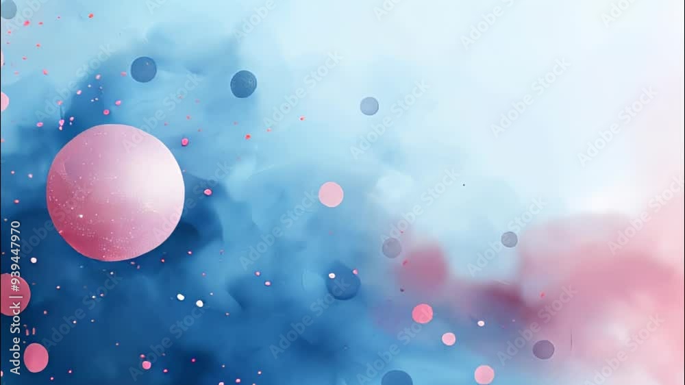 Soft pastel-colored abstract design with floating spheres on a gentle blue and pink gradient background, evoking a dreamy, tranquil atmosphere. Concept of serenity, Baby shower, or lightness