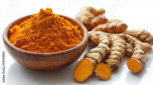 Turmeric roots and turmeric powder in a wooden bowl isolated on a white background 