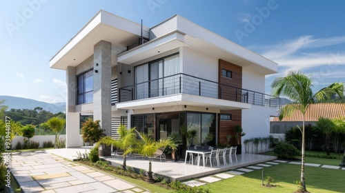 A sleek and modern house highlighted by an outdoor seating area, surrounded by a tropical garden, under a sunny and clear sky.