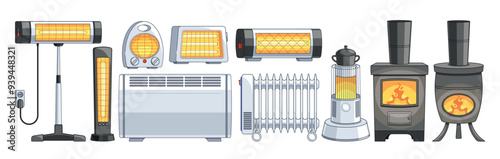 Various Home Heating Devices Collection Showing Radiators, Space Heaters, And Wood Stoves. Different Types Of Heaters