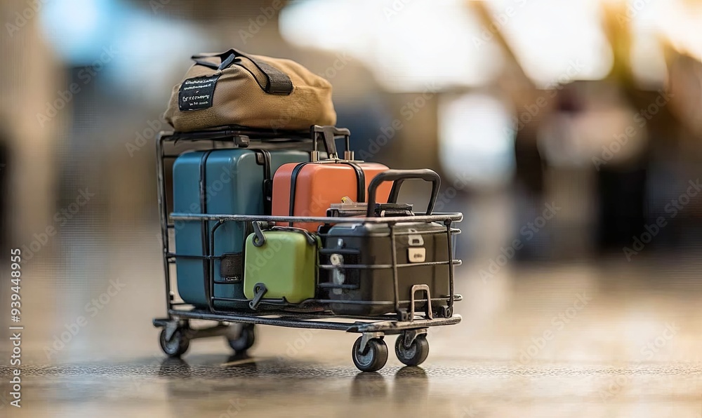 Luggage cart filled with suitcases and a duffel bag in an airport terminal. Luggage cart filled with suitcases and a duffel bag in an airport terminal.