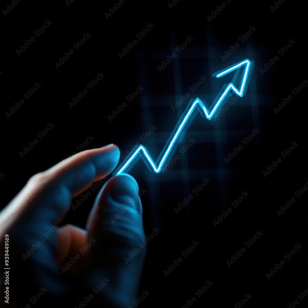 Naklejka premium A hand holding a blue arrow pointing upwards. Concept of growth and progress