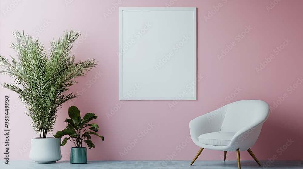 Soft pastel blank wall with white frame, stylish modern furniture, minimal decor, calm ambiance Soft pastel blank wall with white frame, stylish modern furniture, minimal decor, calm ambiance