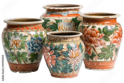 Collection of classic chrysanthemum picture pots isolated on transparent background