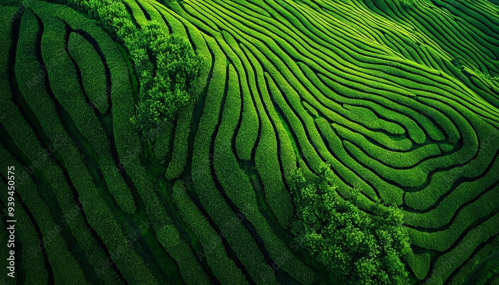 Aerial view of a lush green rice paddy field with rows of terraced steps. Aerial view of a lush green rice paddy field with rows of terraced steps.