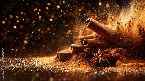 Fresh cinnamon sticks and cinnamon powder with anise flowers on a dark background 