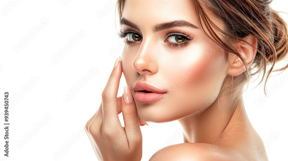 Close-Up of Elegant Woman with Flawless Manicure in Bright Indoor Light on White Background