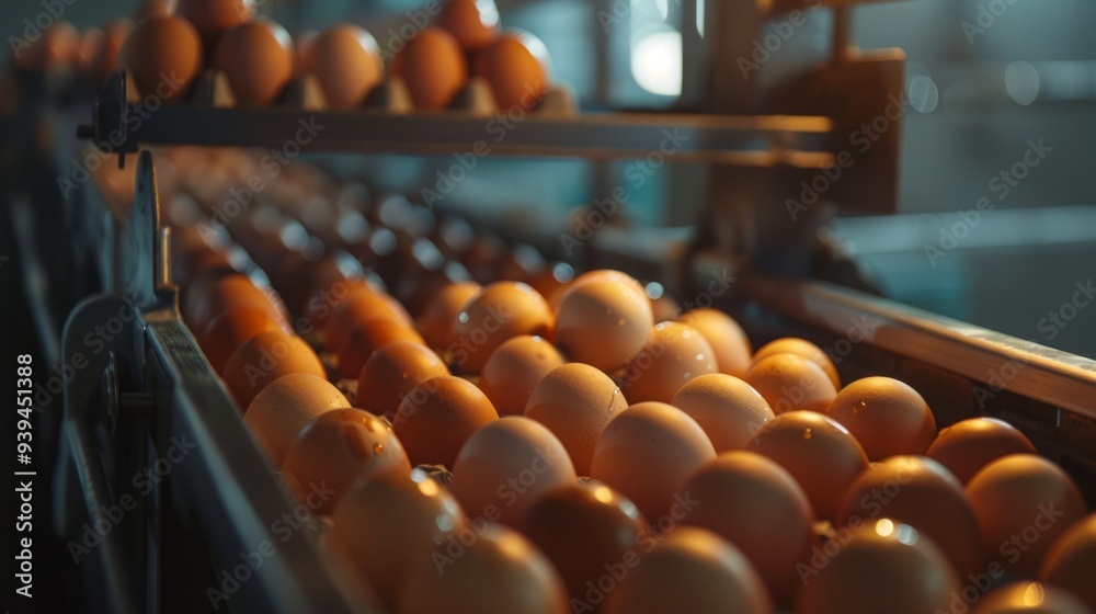 Eggs in Motion: A Close-Up Professional Photography of Eggs on a Conveyor in 8K Resolution. Eggs in Motion: A Close-Up Professional Photography of Eggs on a Conveyor in 8K Resolution.
