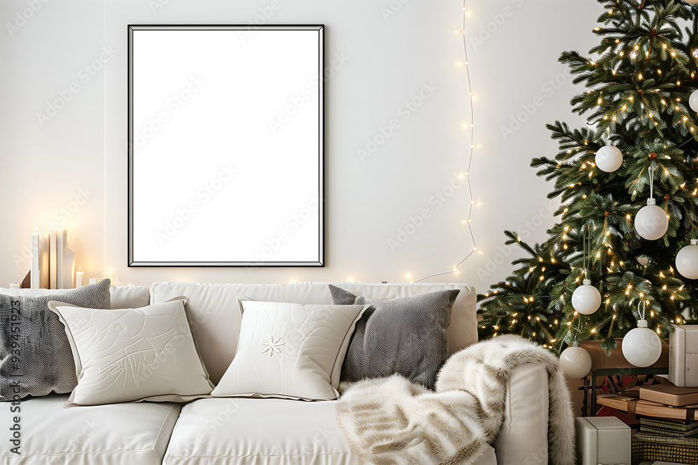 Naklejka premium A mockup frame hanging on the wall in the living room, surrounded by a decorated Christmas Scandinavian interior.