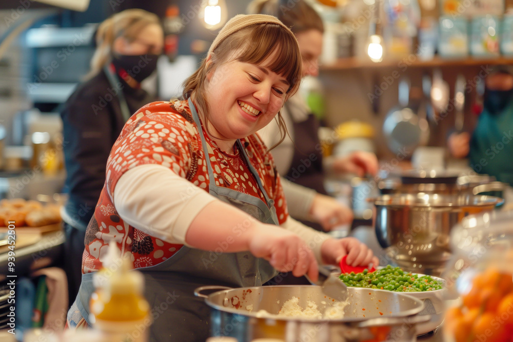 Woman with Down syndrome cooking in kitchen Woman with Down syndrome cooking in kitchen