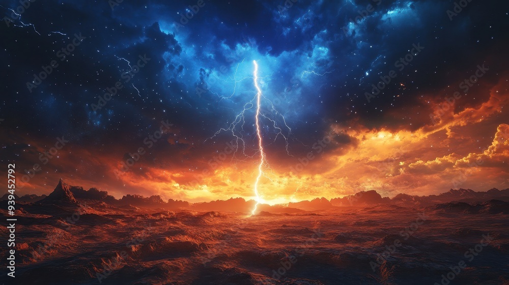 A dramatic landscape featuring a lightning strike amidst vibrant clouds and a fiery horizon. A dramatic landscape featuring a lightning strike amidst vibrant clouds and a fiery horizon.