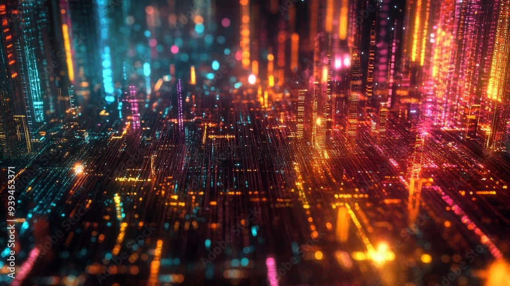 A vibrant digital cityscape filled with glowing lights. This abstract piece captures a futuristic, energetic vibe. Perfect for tech and innovation themes. AI