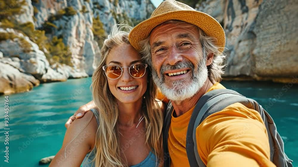 An elderly, white couple enjoying themselves while canoeing or kayaking and snapping a photo while river rafting An elderly, white couple enjoying themselves while canoeing or kayaking and snapping a photo while river rafting