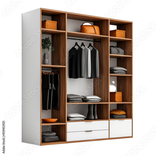 A modern bedroom wardrobe with open shelving, storage element, Scandinavian style, white and oak finish, isolated on white background. 