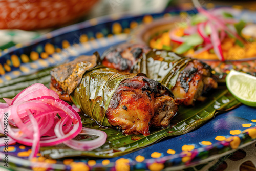 Cochinita pibil paired with lime and pickled onions photo