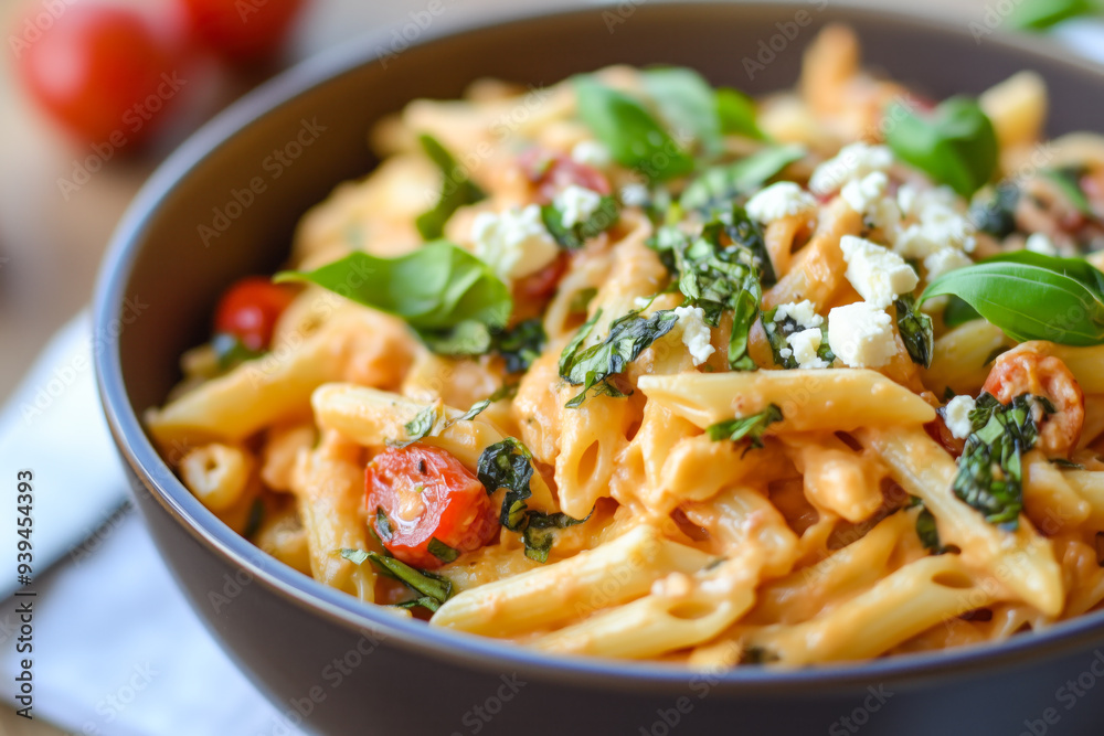 Penne pasta with cherry tomatoes and feta cheese Penne pasta with cherry tomatoes and feta cheese