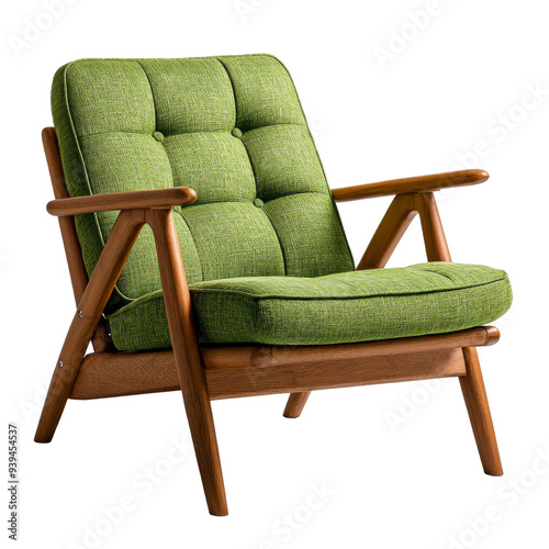 A stylish accent chair with wooden arms, living room seating, retro design, olive green fabric, isolated on white background. 