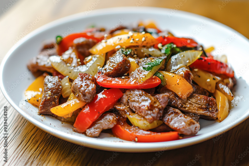 Stir-fried chili garlic steak with onions and bell peppers Stir-fried chili garlic steak with onions and bell peppers