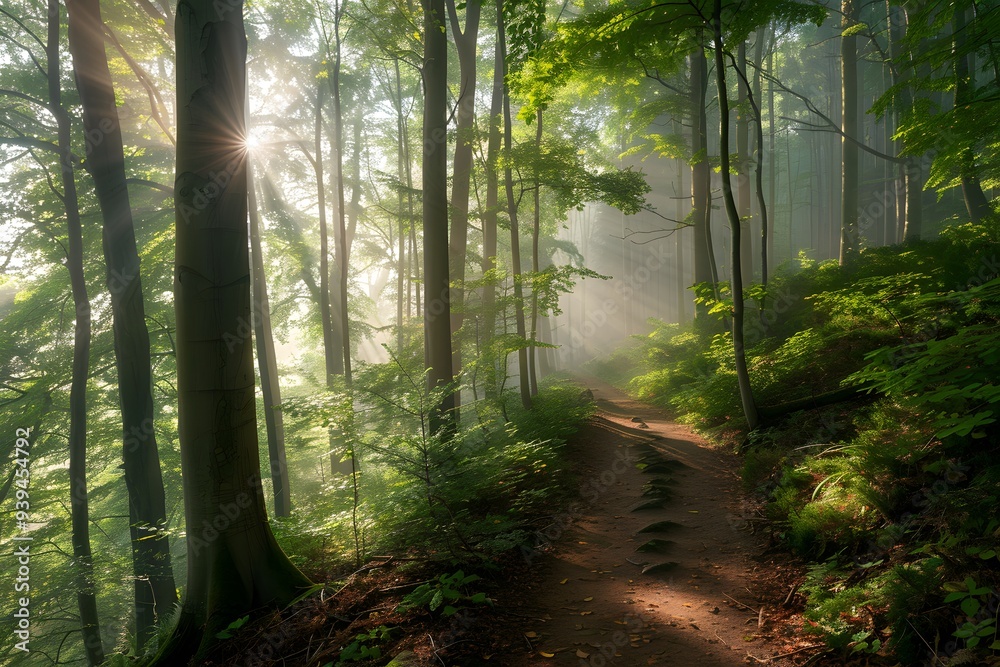 Obraz premium Sunlight filters through the trees in a serene forest path.