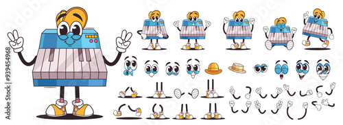 Electric Piano Keyboard Retro Cartoon Character With Different Emotions And Accessories. Artistic Set Of Design Elements
