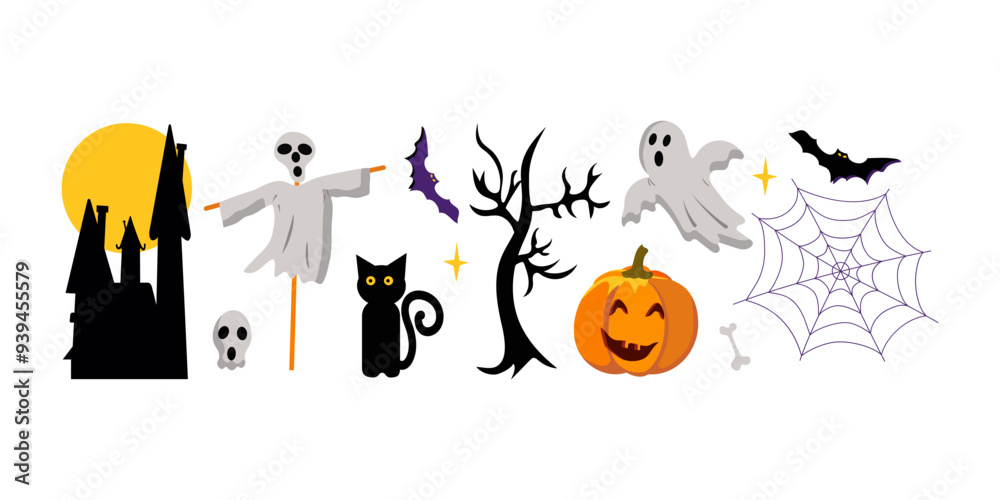 Festive funny halloween icons. Bats, ghost, skeleton, bones, dracula's house, pumpkin and black cat stars and moon. Festive funny halloween icons. Bats, ghost, skeleton, bones, dracula's house, pumpkin and black cat stars and moon.