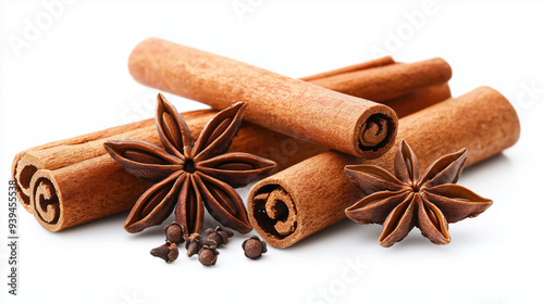 Pile of cinnamon sticks and anise flowers overlapping on a white background 