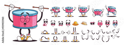 Cute Drum Cartoon Character With Various Facial Expressions And Accessories, Set For Customization and Animation
