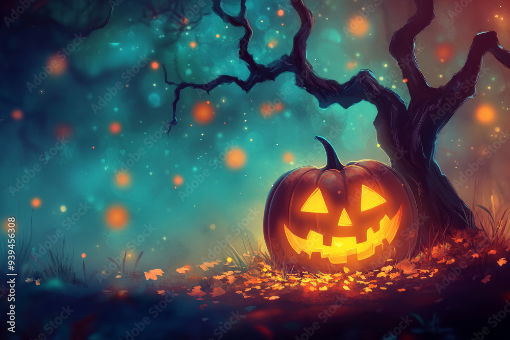 Fototapeta premium Haunted House with Jack-o'-Lanterns and Bats