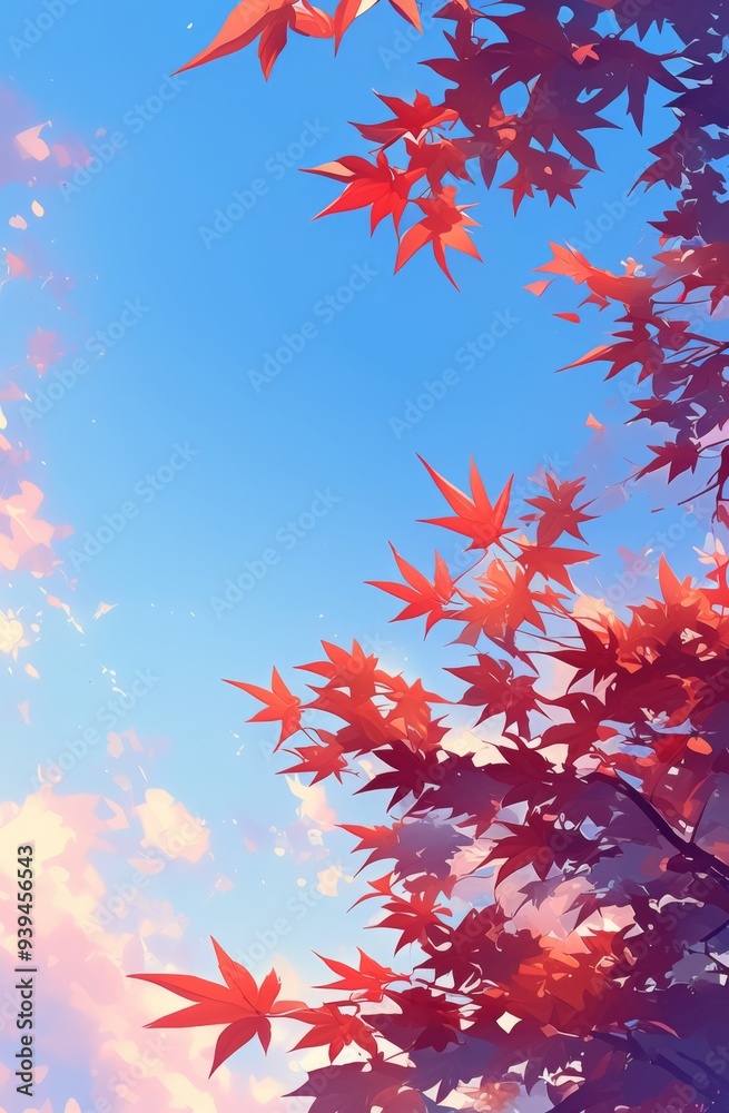 Dreamy Cartoon Sky with Red Maple Leaves, Light Blue Background, and Glowing Effects
Dreamy Cartoon Sky with Red Maple Leaves, Light Blue Background, and Glowing Effects