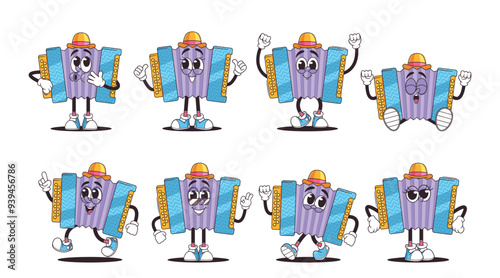 Colorful Set Of Retro Accordion Musical Instrument Cartoon Characters With Various Facial Expressions And Poses