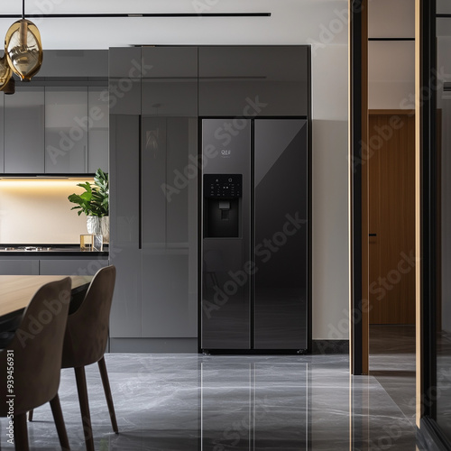Sleek and Modern Kitchen with Black Refrigerator