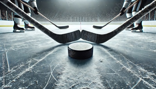 Hockey Players Faceoff with Sticks and Puck on Ice