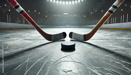 Hockey Sticks and Puck on Ice Rink
