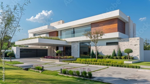 A contemporary house featuring clean lines, white facade elements, large windows, landscaped lawn, and a two-car garage under a bright sky.