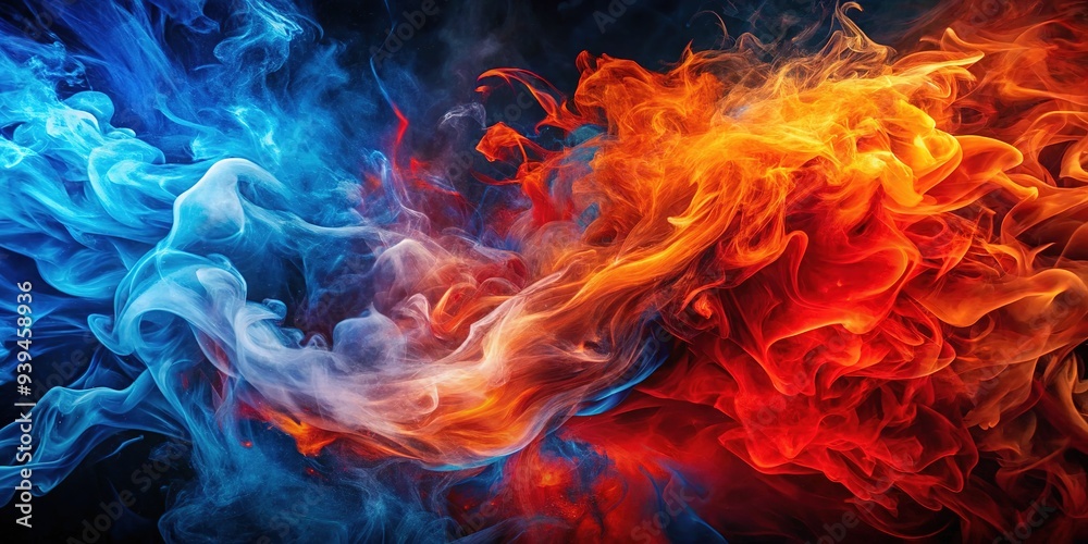 Fiery red and blue swirl together, unleashing a potent brew of energy and passion that torments and transforms, a true chromatic combustion that sears the senses. Fiery red and blue swirl together, unleashing a potent brew of energy and passion that torments and transforms, a true chromatic combustion that sears the senses.