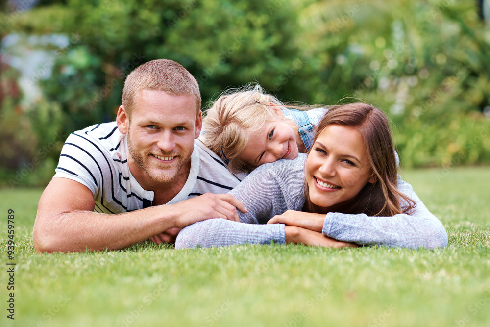 Family, girl and portrait for peace on grass, love and security in childhood or outdoor happiness. Daughter, mother and father for support in relationship, connection and countryside holiday to relax Family, girl and portrait for peace on grass, love and security in childhood or outdoor happiness. Daughter, mother and father for support in relationship, connection and countryside holiday to relax