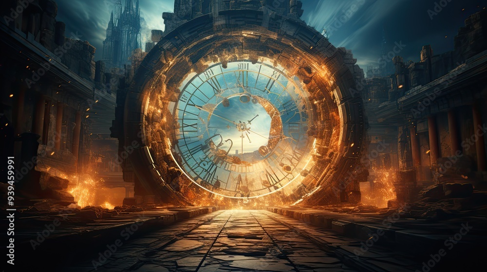 Time travel portal opening in an fantasy ancient city, Time travel portal opening in an fantasy ancient city,