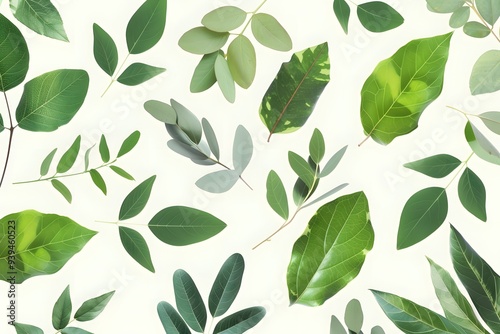 Diverse green leaves arranged artistically on a light background.