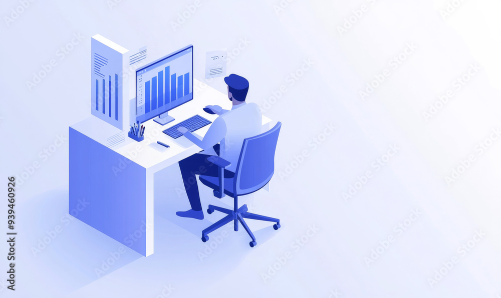 Designer Analyzing Data Trends at a Computer Desk in an Office Designer Analyzing Data Trends at a Computer Desk in an Office