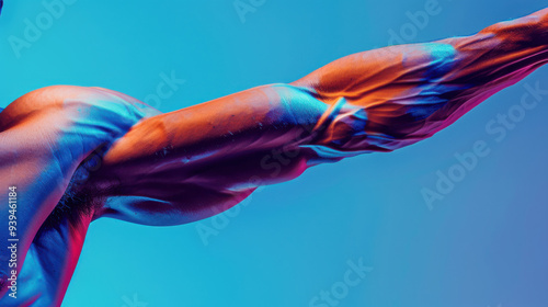 A close-up of an athlete's arm and hand as they prepare to sprint, muscles tensed and ready, set photo