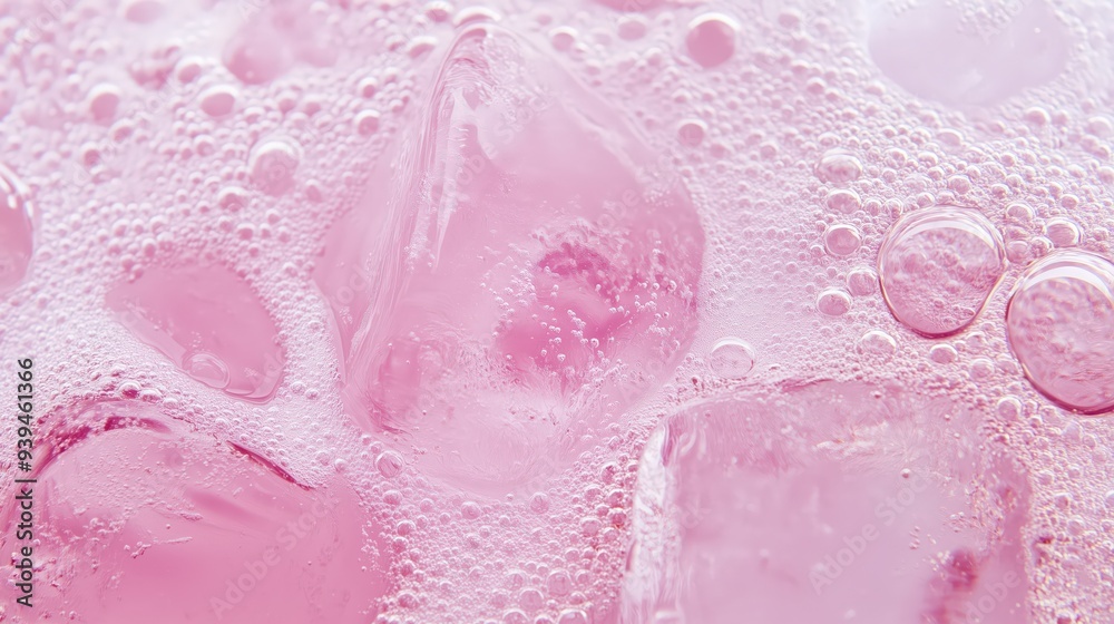 A close-up of pink soda with ice cubes and bubbles, creating a refreshing and vibrant background design. A close-up of pink soda with ice cubes and bubbles, creating a refreshing and vibrant background design.