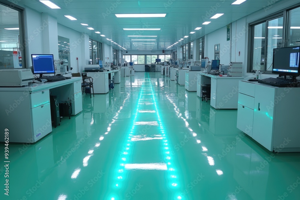 A Modern Laboratory with a Shiny Teal Floor and Blue Lights A Modern Laboratory with a Shiny Teal Floor and Blue Lights